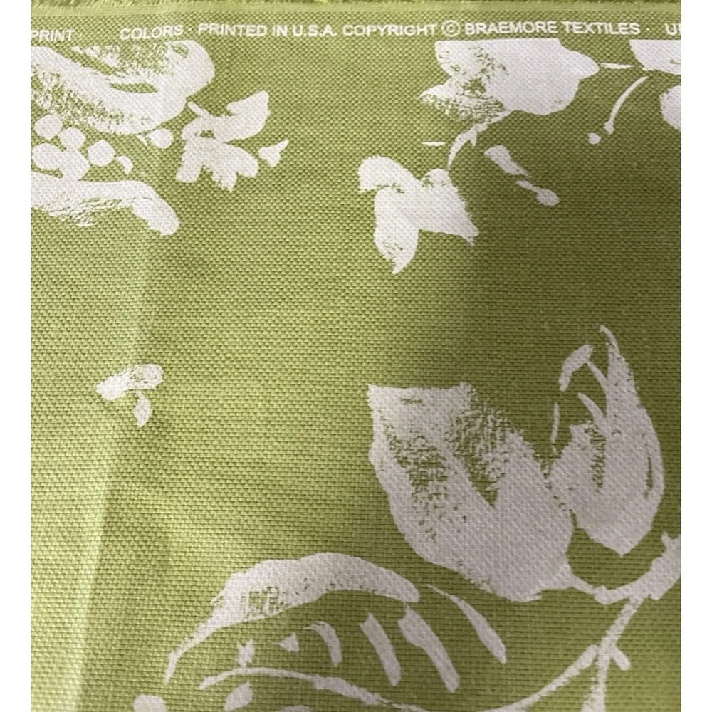 Braemore Textiles Linen Fabric Lime Green Floral Dragonfly Screen Print Drapery